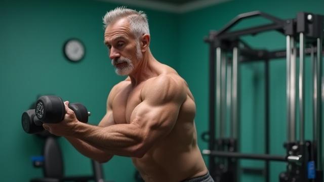 Adult man lifting weights with focus, highlighting strength training for seniors.