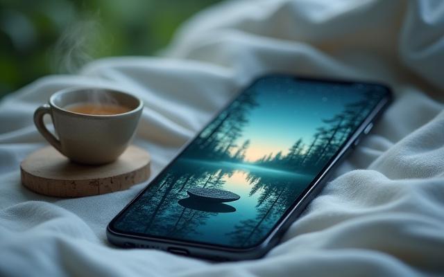 Smartphone displaying the Calm app interface with serene nature background