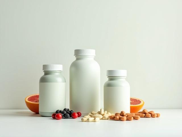 Cleanly designed bottles of various health supplements with natural ingredients