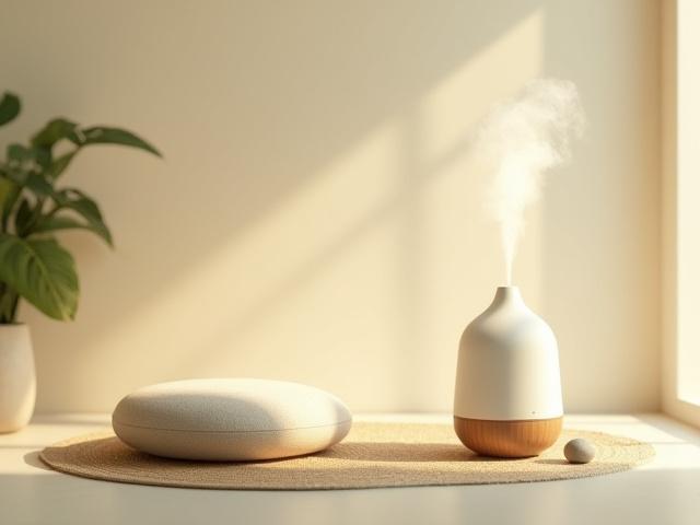 Meditation cushion next to an essential oil diffuser and calming plants